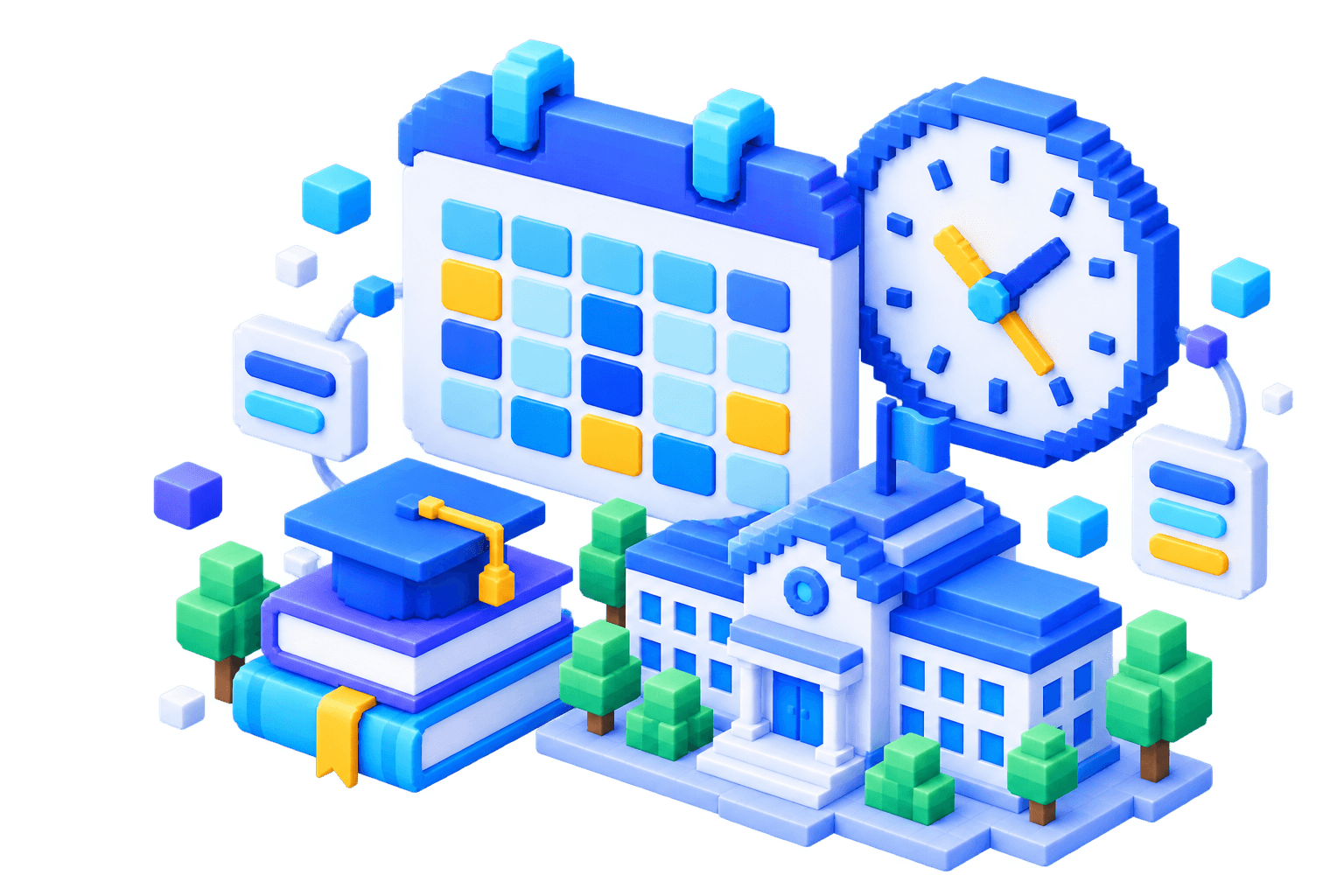 Mô hình 3D pixel gồm lịch học, đồng hồ, sách và trường học